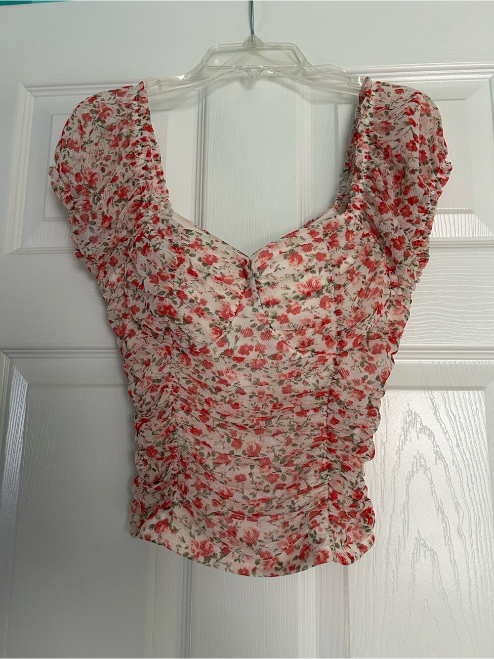 Moa Moa White Floral Ruched Puff Sleeve Blouse
